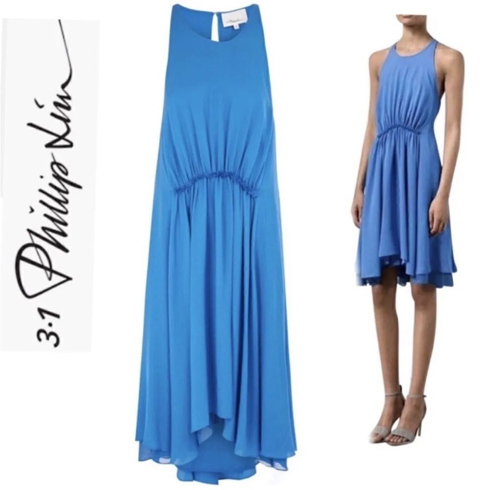 3.1 Phillip Lim Aegean Blue Silk Gathered Waist Dress (Size 8)